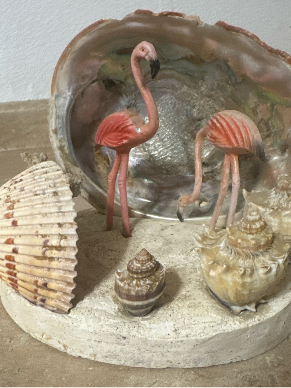 Vintage MCM Flamingo Seashell Art Sculpture 1950s Kitsch Florida Souvenir